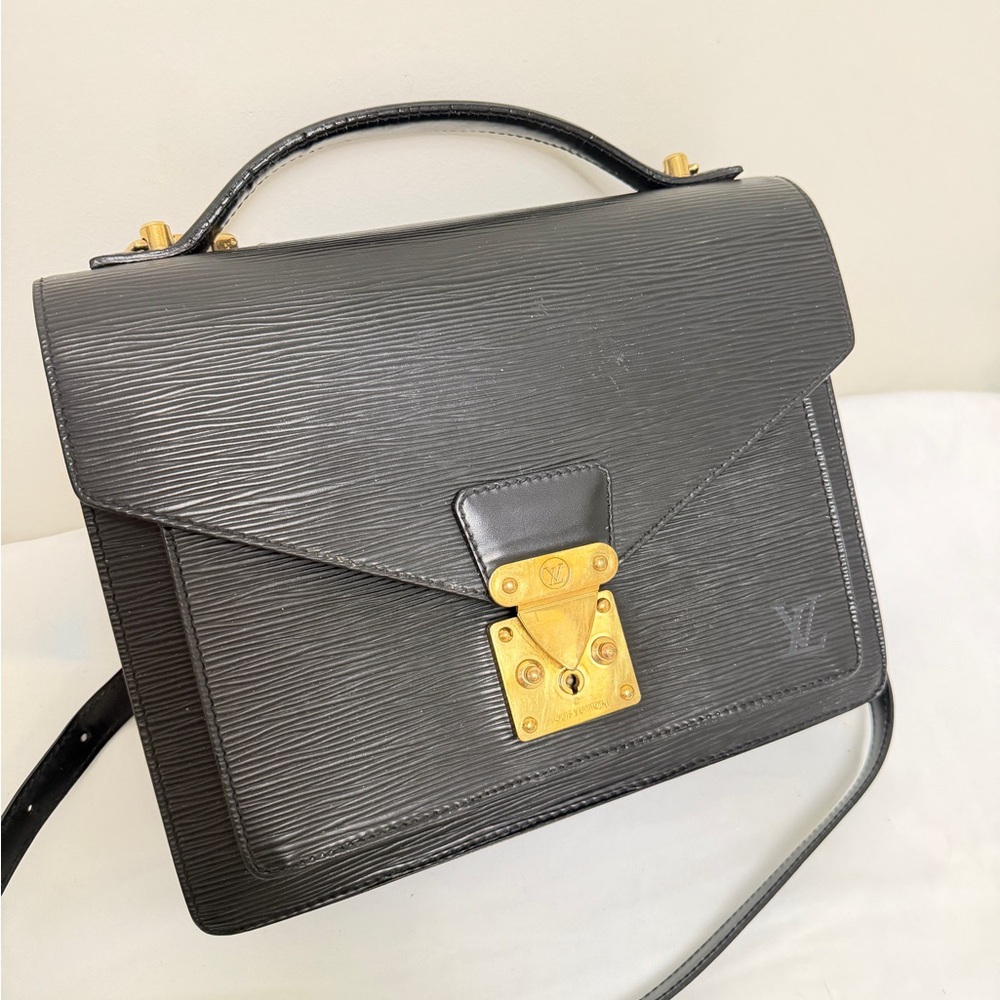 Black Structured Top-Handle Leather Bag with Gold Hardware
